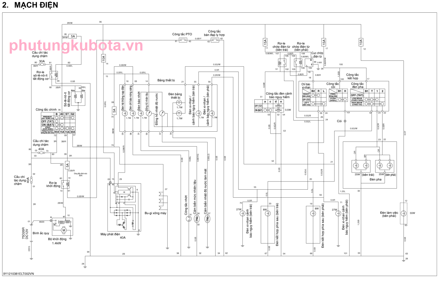 Sơ đồ nguyên lý mạch điện máy Kéo Kubota L4508